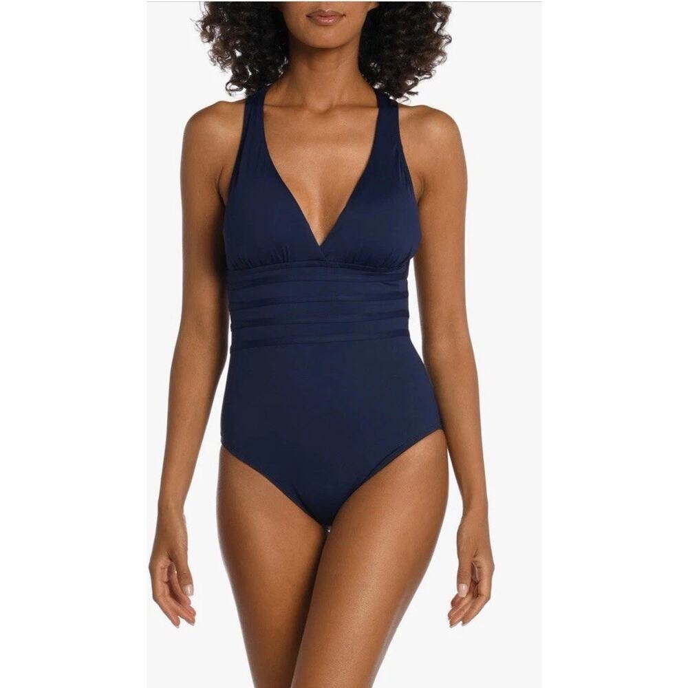 La Blanca Fluid Lines Multi-Strap Cross-Back One Piece w/ Mesh Detail Navy Sz 12